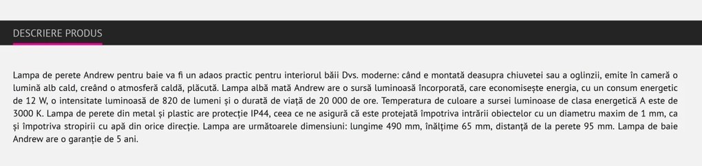 Aplica perete LED pentru oglinda baie IP44 Andrew 5782 RX