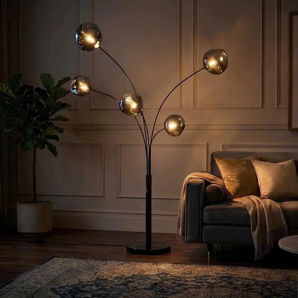 Lampa de podea moderna cu 5 globuri sticla fumurie LIQUID DIAMOND