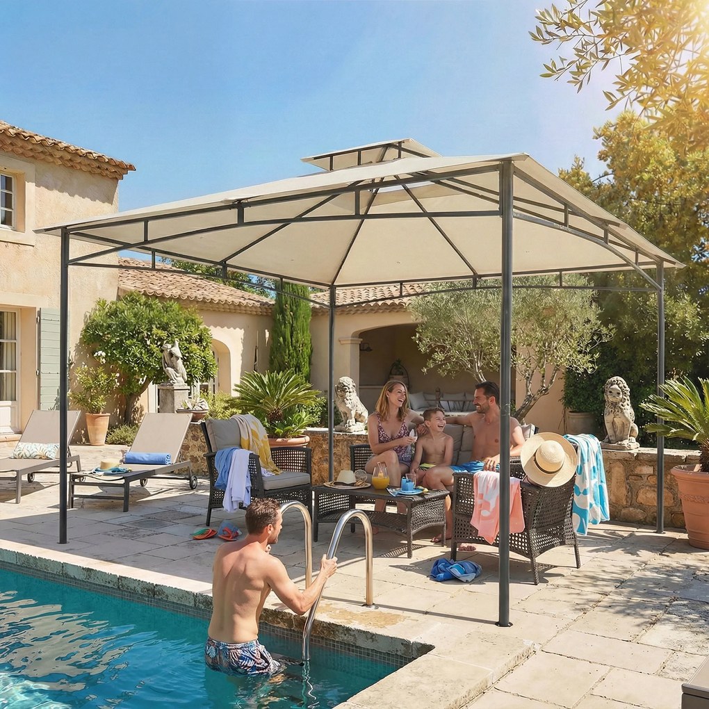 Outsunny Pavilion 3x3 m rezistent la apă Stabil Rezistent la iarnă Pavilion de grădină cu cadru superior retractabil Dublu acoperiș Alb-crem | Aosom Romania