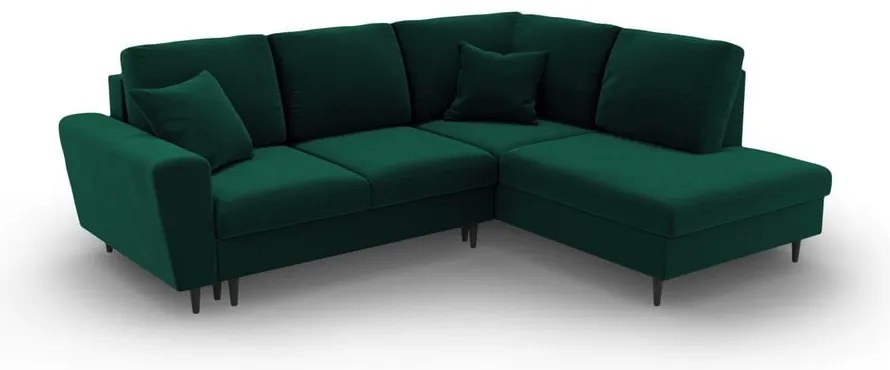 Colțar verde extensibil, cu spațiu de depozitare cu tapițerie din catifea (cu colț pe partea dreaptă-în formă de ”L”) Kyoto – Cosmopolitan Design