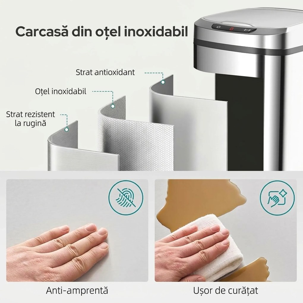 HOMCOM Coș Gunoi 12L cu Senzor Infraroșu, Buton Touch și Găleată Detașabilă, Coș de Gunoi din Oțel Inoxidabil, ABS și PP, 28x22x41 cm, Argintiu | Aosom Romania