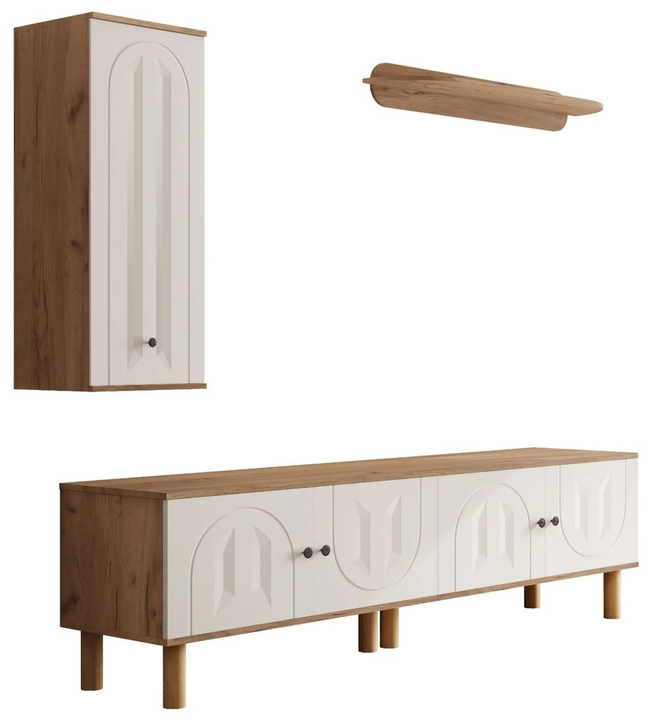 Set mobilier living 3 piese, compus din dulap înalt, comodă joasă și etajeră de perete, Culoare naturală