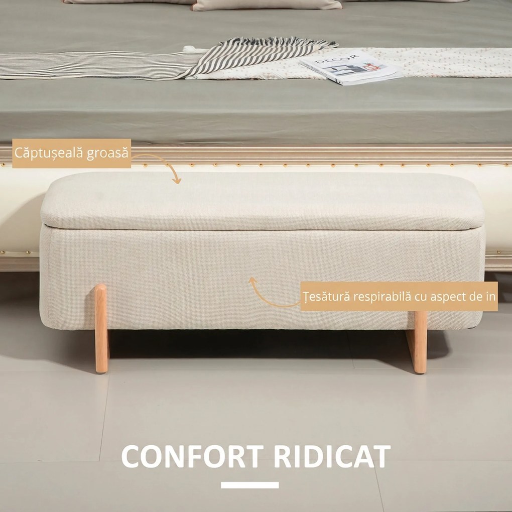 HOMCOM Banchetă cu Depozitare 111x44x44,5 cm, Șezut Tapițat, Material cu Efect de In, Picioare din Lemn, 150 kg, Crem | Aosom Romania