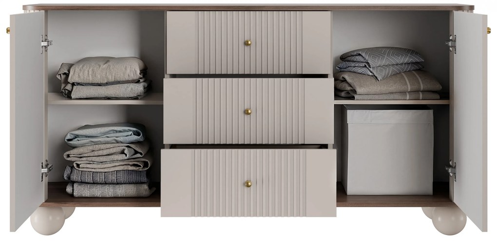 Comodă cu sertare pe picioare rotunde Vesper 160 cm - cașmir / nuc / mânere aurii