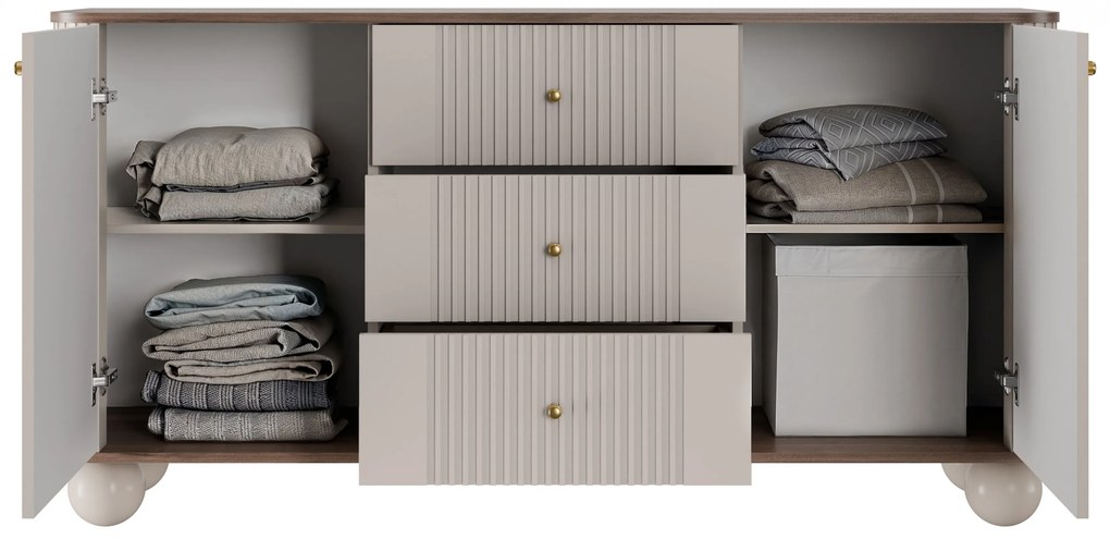 Comodă cu sertare Vesper 160 cm - cașmir / nuc / mânere aurii / picioare sferice