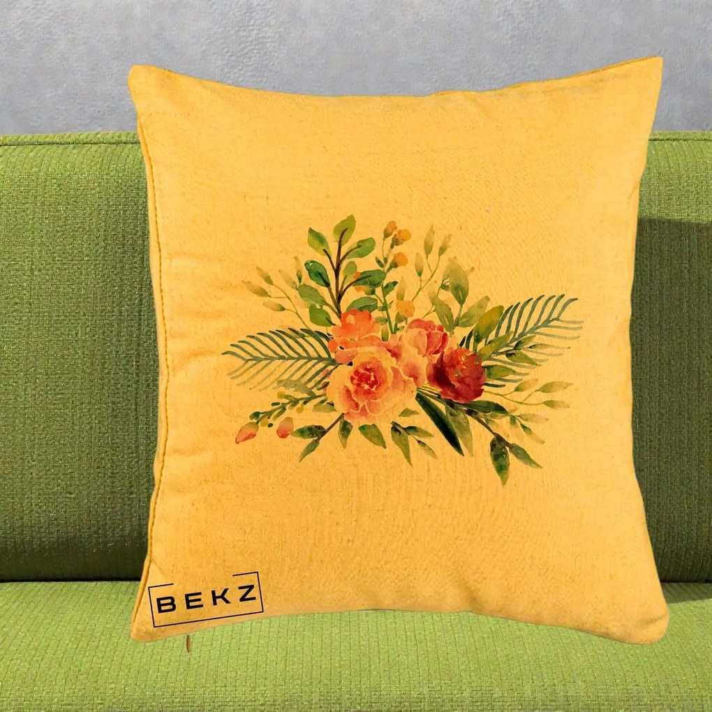 Perna Decorativa Buchet Flori Acuarela Roz-Verde, 40x40 cm, Galben, Husa Detasabila, Perna Inclusa, BEKZ®