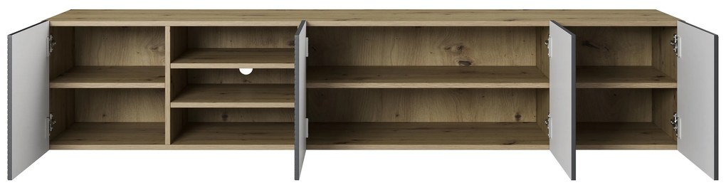 Dulap TV suspendată Asha 200 cm, partea frontală riflat și nișă – stejar artisan / rivier stone mat