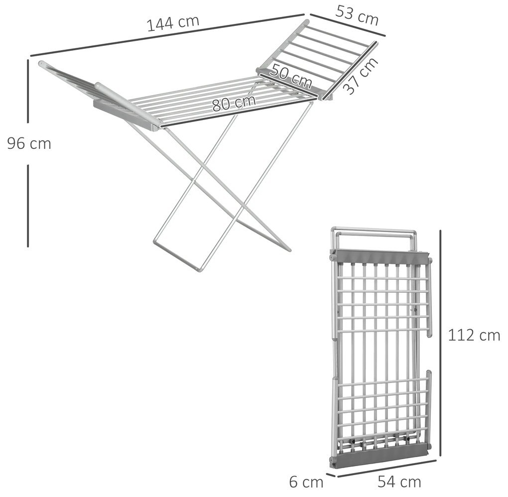 HOMCOM Uscător de Rufe Electric, Suport pentru Uscarea Rufelor cu Încălzire 45-55℃, 144x53x96 cm, Argintiu | Aosom Romania