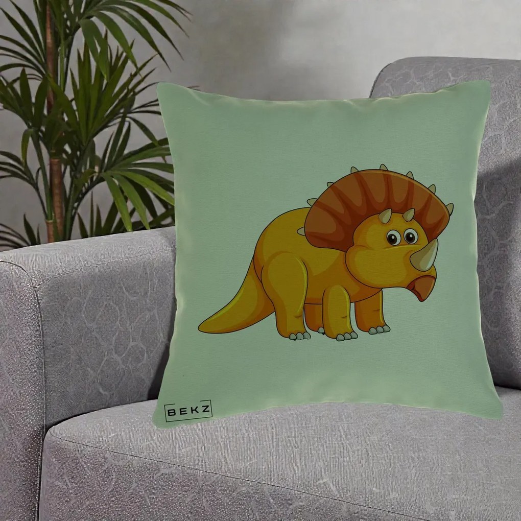 Perna Decorativa Triceratops Portocaliu, 40x40 cm, Verde, Husa Detasabila, Perna Inclusa, BEKZ®