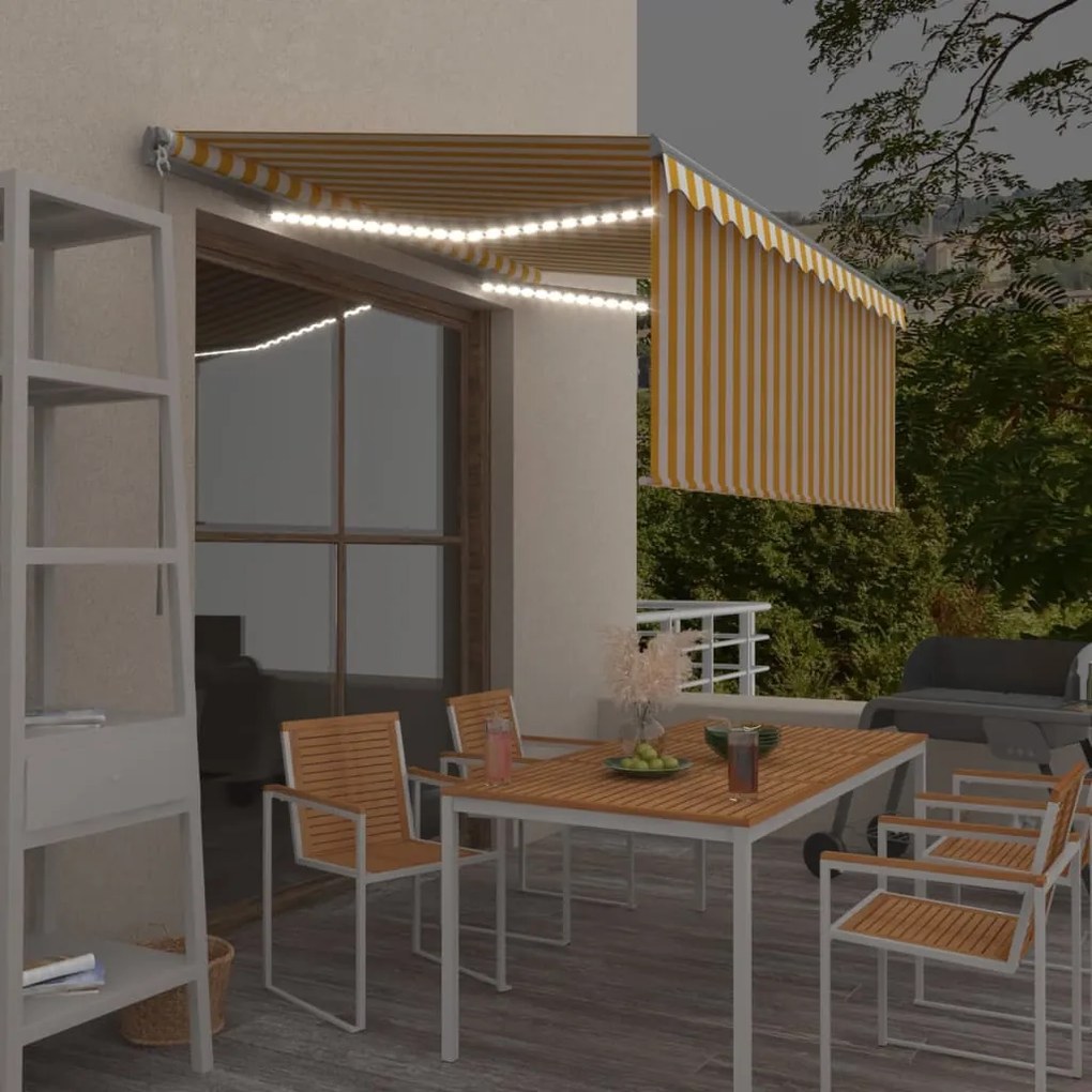vidaXL Copertină retractabilă manual cu stor&amp;LED, galben &amp; alb 3x2,5 m