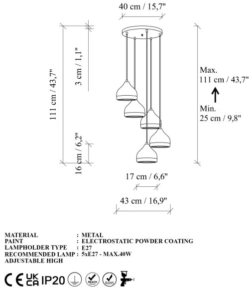 Lustră pe cablu YILDO 5xE27/40W/230V alb/auriu