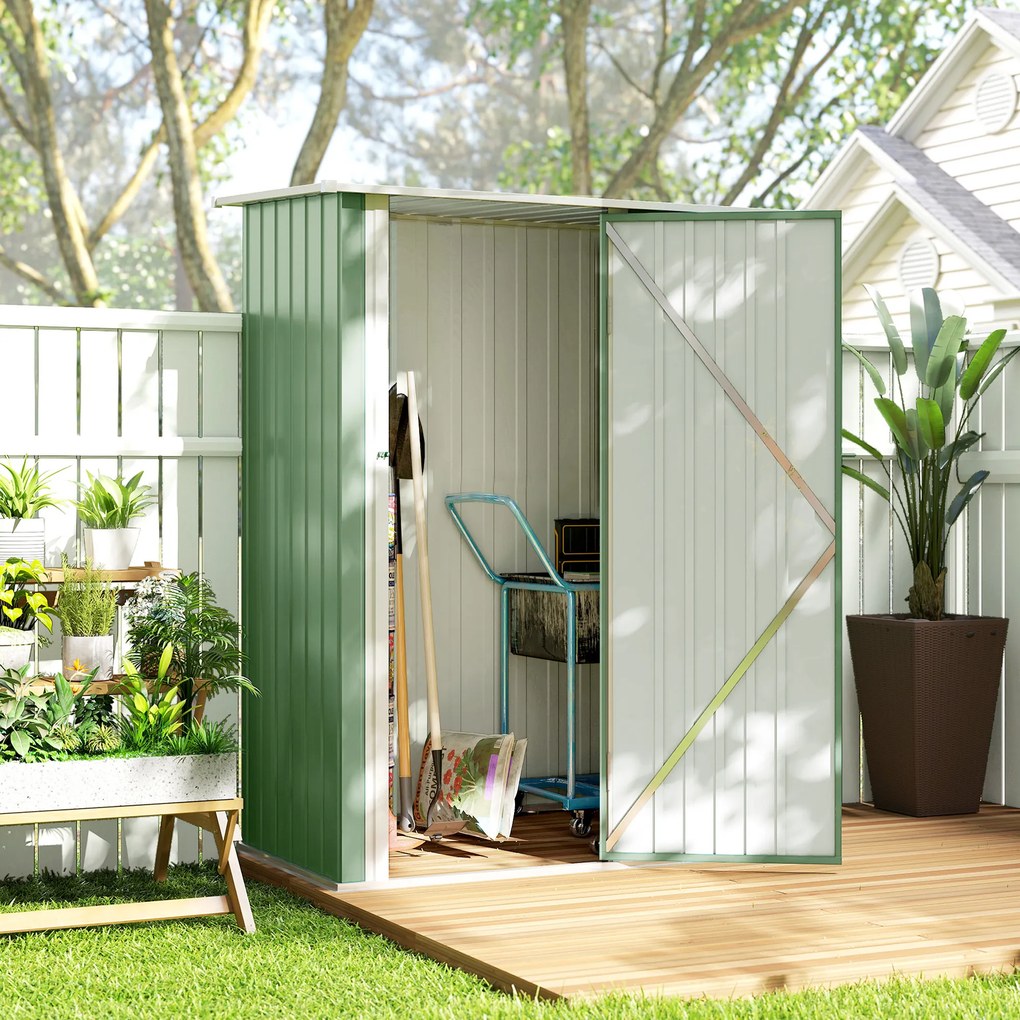 Outsunny Căsuță de Grădină 1.07m² din Oțel Galvanizat, Magazie pentru Unelte cu Ușă Blocabilă și Acoperiș Înclinat, 142x86x189 cm, Verde Deschis | Aosom Romania