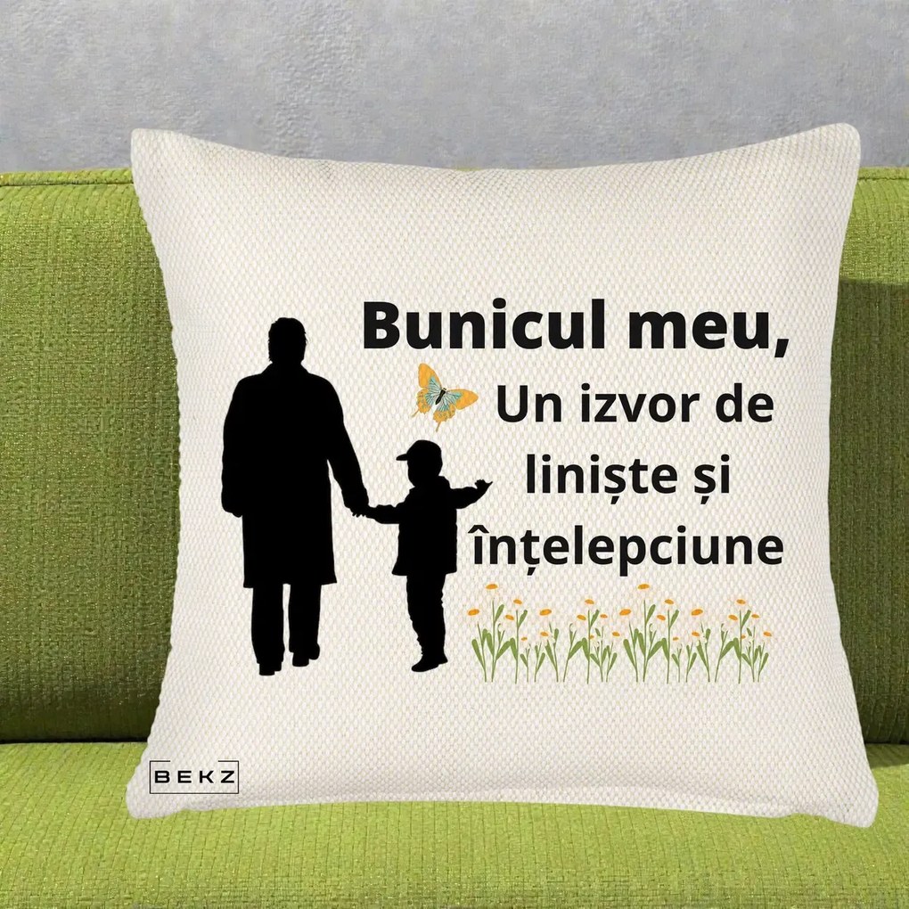 Cadou pentru Bunic - Perna Personalizata Bunicul Meu Izvor de Liniste cu Fluture si Baietel, 40x40 cm, Crem Reliefat, Husa Detasabila, Perna Inclusa, BEKZ®