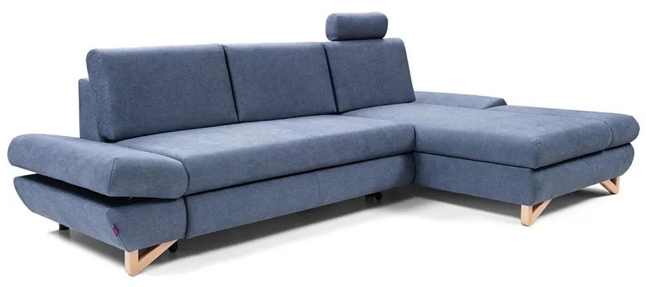 Colțar extensibil tapițat AVESTA, în formă L, cu spațiu de depozitare, orientare pe dreapta, albastru