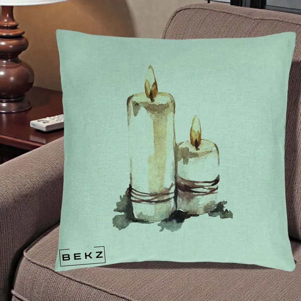 Perna Decorativa Lumanari Acuarela Iarna, 40x40 cm, Verde Menta, Husa Detasabila, Perna Inclusa, BEKZ®