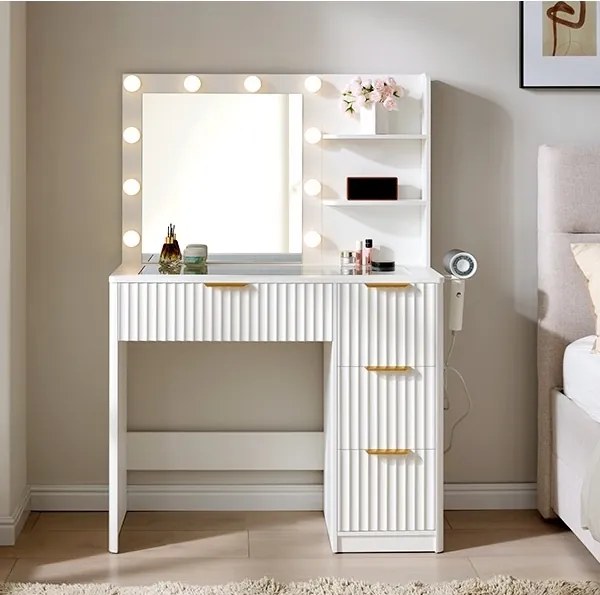 Masuta machiaj 92 cm, Alba sau Maro cu Oglinda LED si 4 Sertare pentru Cosmetice, Set Masa toaleta cu 2 Prize, USB si USB-C, masuta cosmetica, vanity
