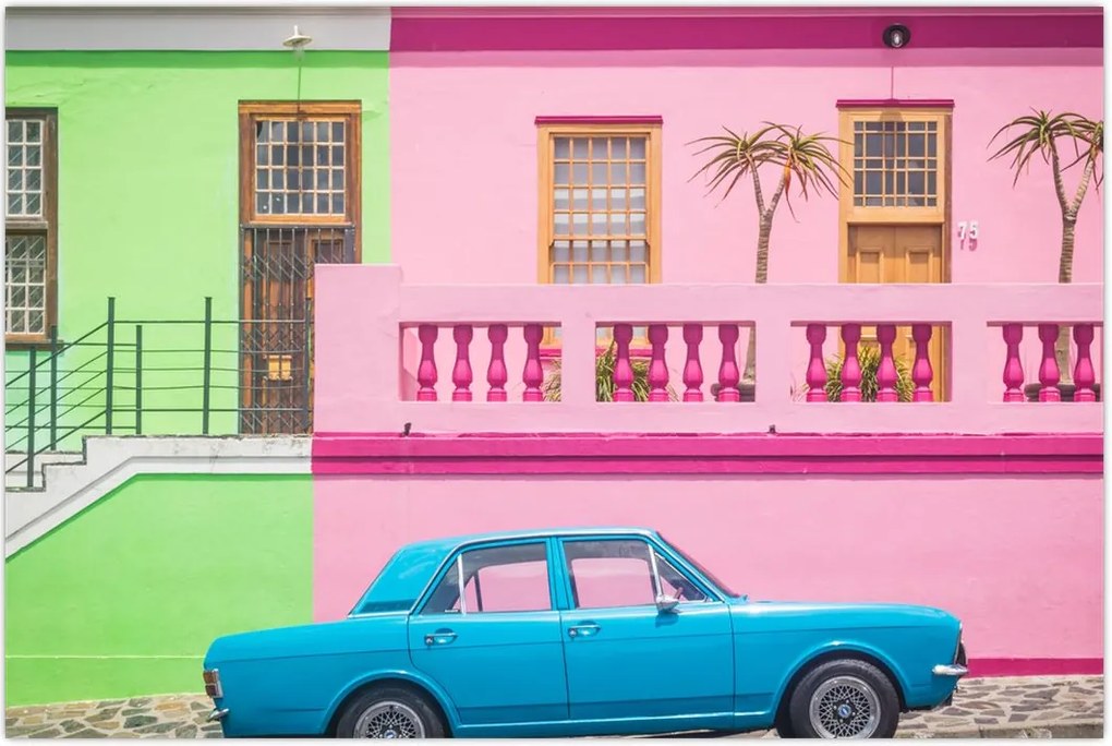 Tablou cu mașina - casele colorate (90x60 cm)