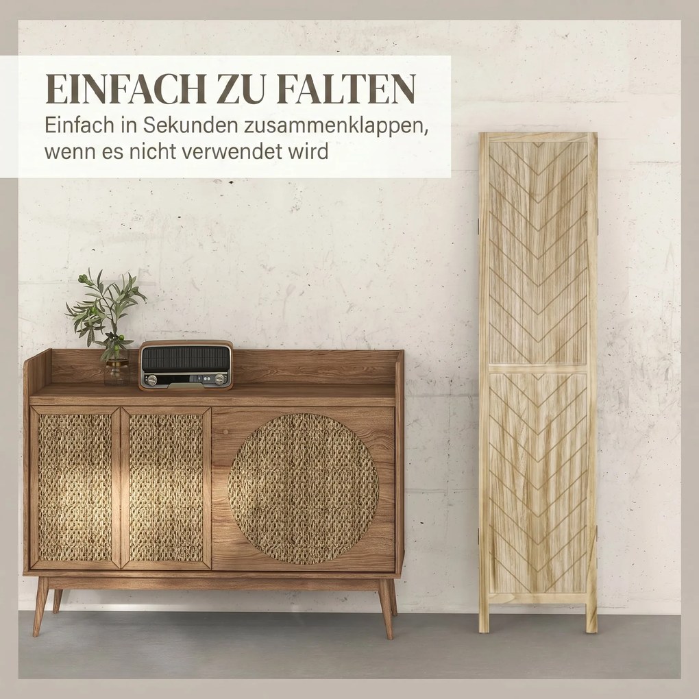 HOMCOM Separator de Cameră cu 3 Panouri, Ecran de Confidențialitate Pliabil Portabil pentru Interior din Lemn Masiv, Despărțitor de Perete, 120x170x1.6 cm, Natural