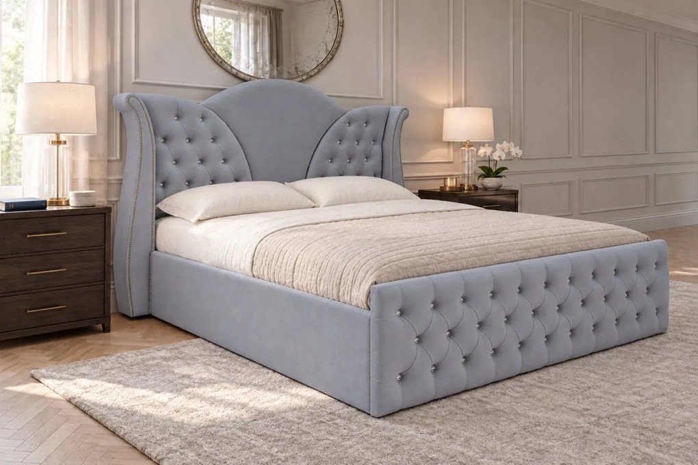 Pat tapițat Chesterfield din catifea Velora Cristal 180×200 cm, gri deschis, cu ladă de depozitare
