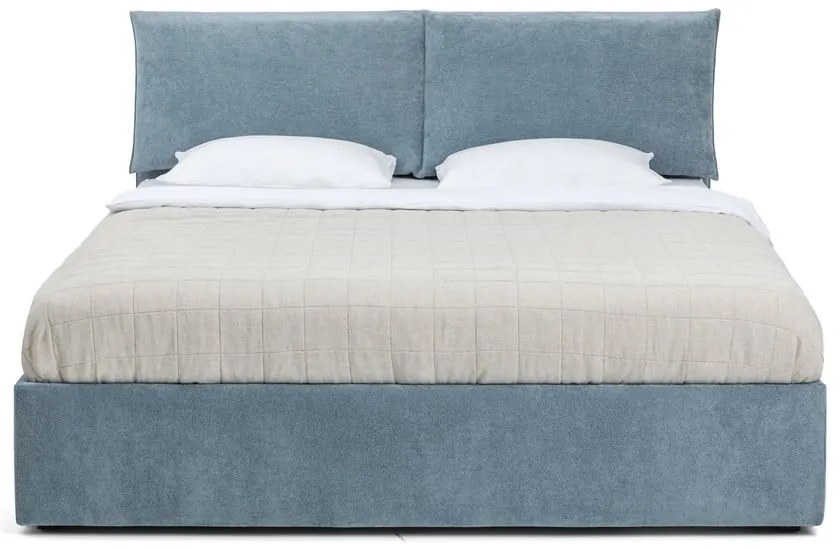 Pat matrimonial albastru tapițat cu spațiu de depozitare cu somieră 180x200 cm Thessa Pillow – Bonami Selection