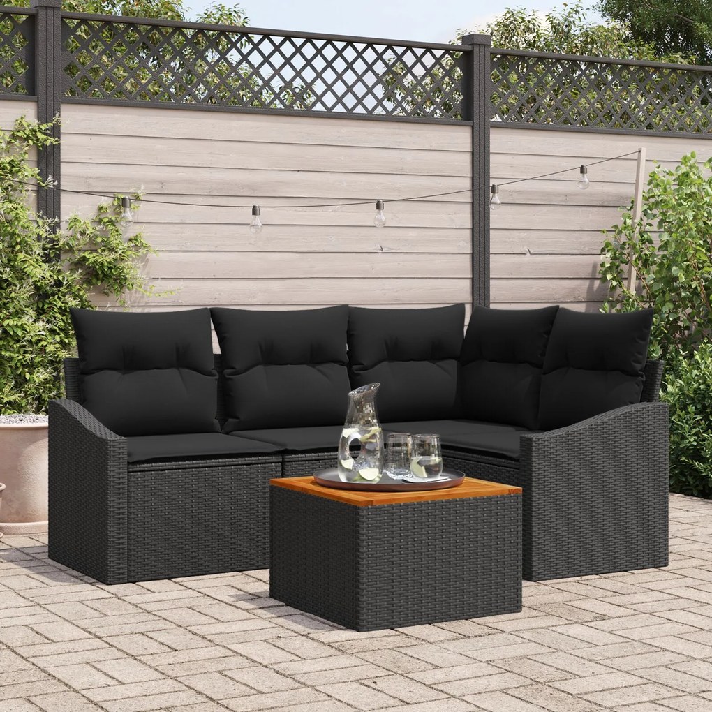 vidaXL Set de canapea de grădină cu 5 piese și perne, negru, din ratan sintetic și acacia