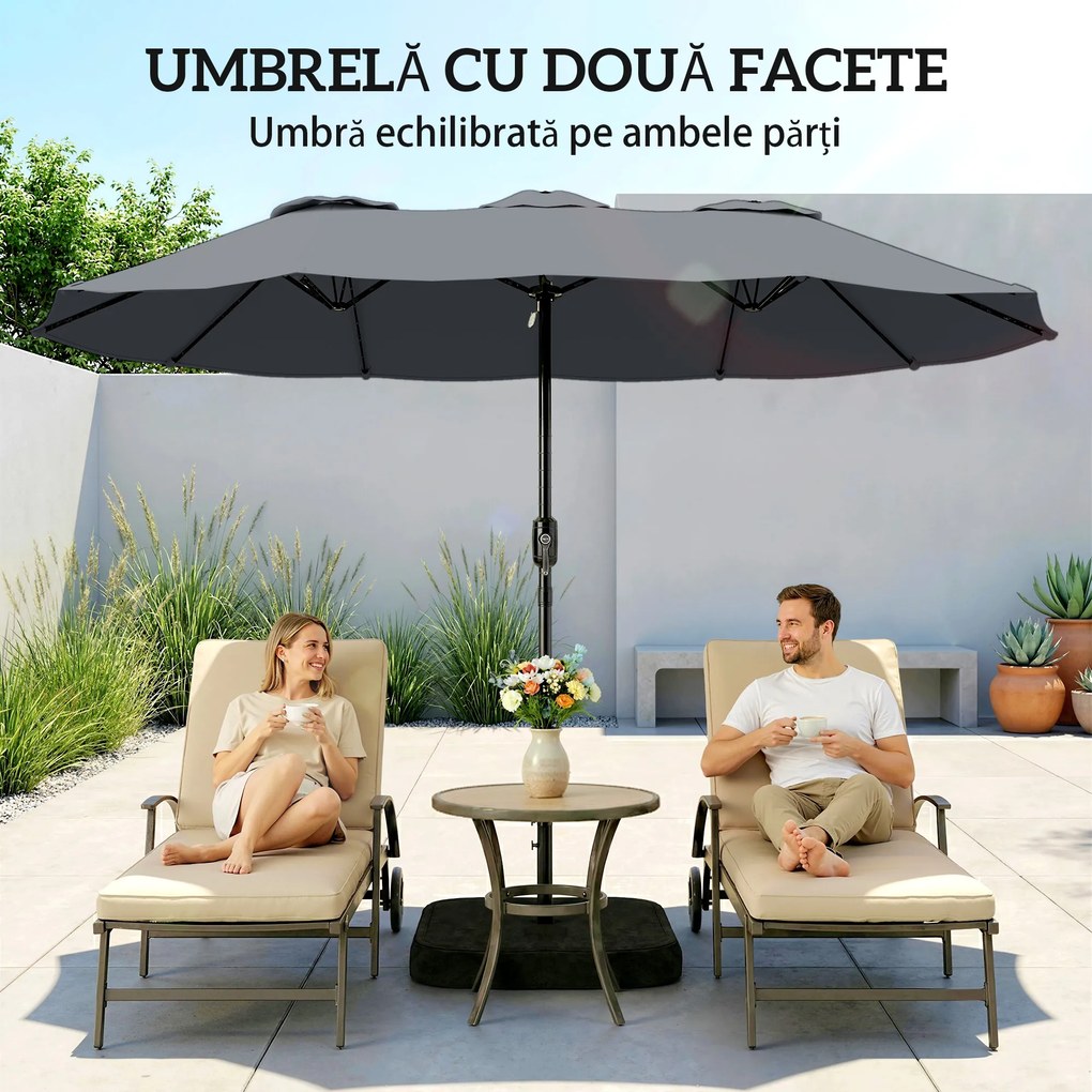 Outsunny Umbrelă Dublă cu 12 Spițe, Manivelă, Bază Metalică și Saci de Nisip, din Metal și Poliester, 3x1.5 m, Gri Închis | Aosom Romania