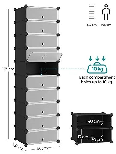 Set 10 cuburi din plastic pentru depozitare, Songmics, Negru, 43x31x173 cm