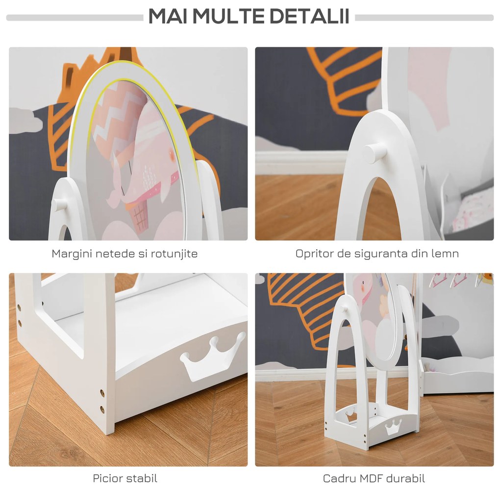 Oglinda pentru Dormitorul copiilor Pivotanta , Oglinda de Podea pentru Copii din Lemn Alb cu Raft de Depozitare 40x30x104cm | Aosom RO