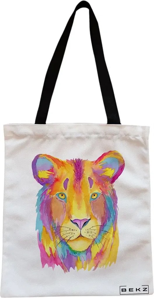 Sacosa de Panza pentru Cumparaturi, Geanta Tote, model Watercolor Lion, Cu fermoar, 38x34.5 cm, Alba, BEKZ®