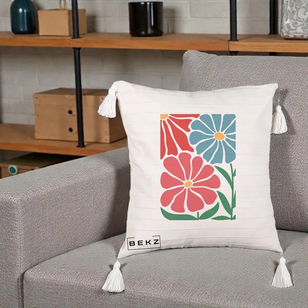 Perna Decorativa Flori Grafice Rosu-Albastru, 40x40 cm, Bej cu Franjuri, Husa Detasabila, Perna Inclusa, BEKZ®
