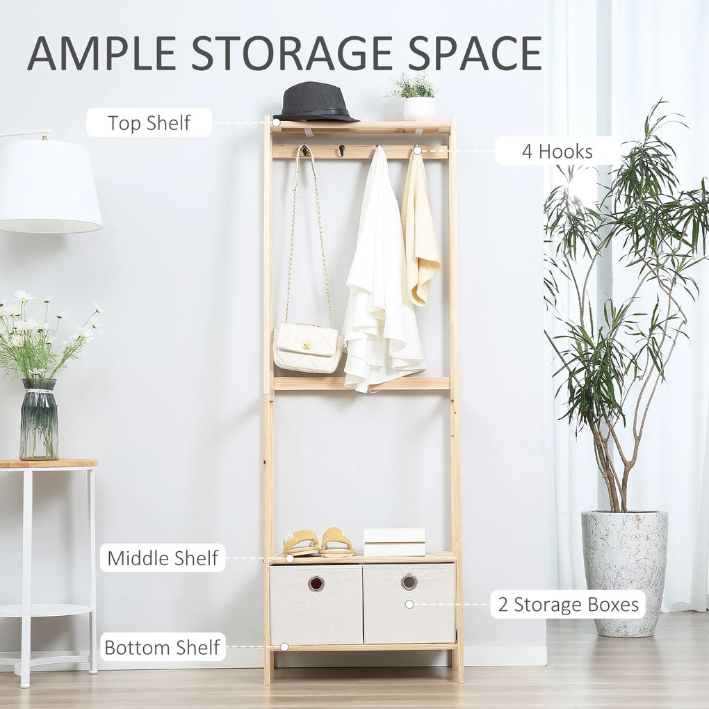 HOMCOM Cuier Hol, cu Rafturi, Design Natural din Lemn, 58x36x168 cm | Aosom Romania