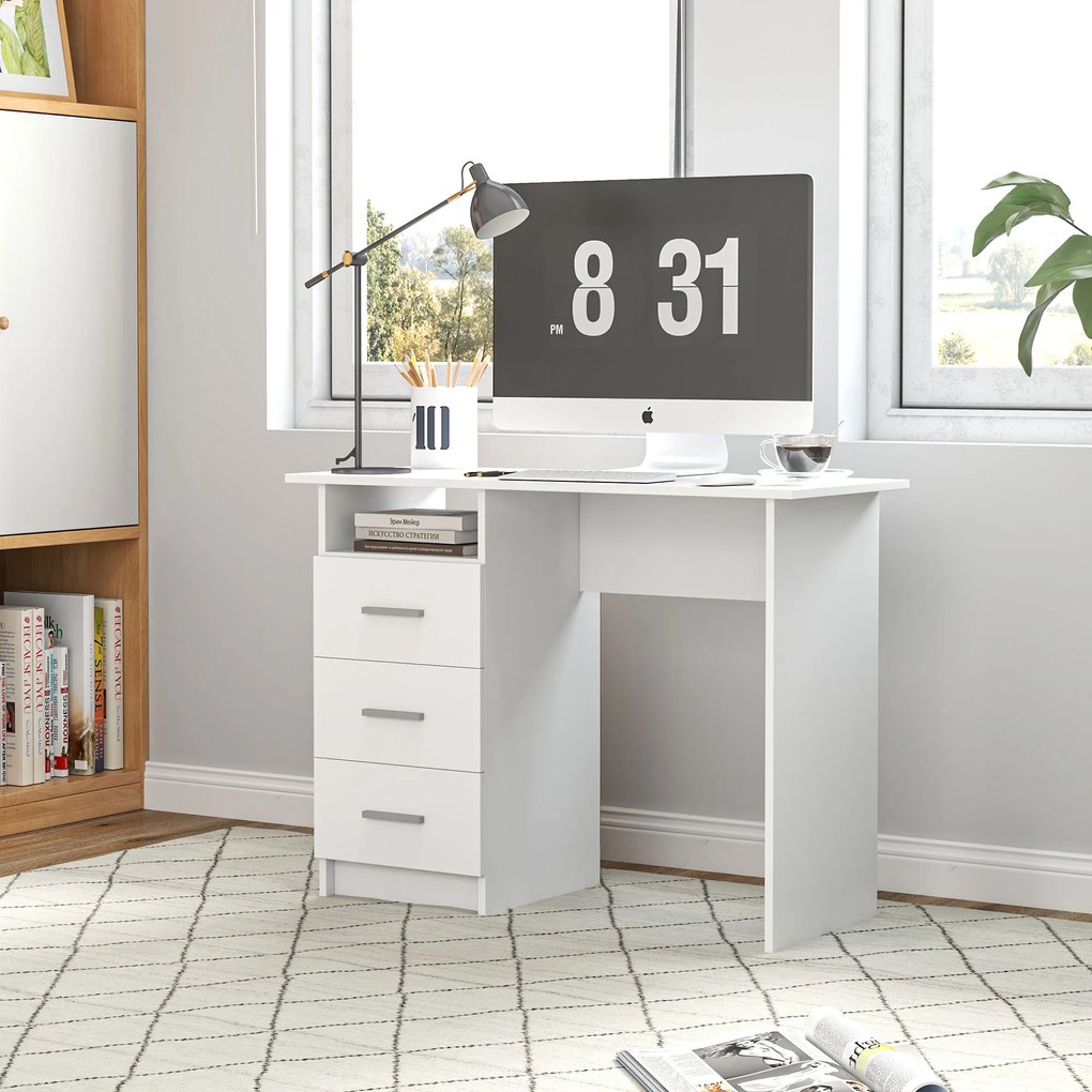 HOMCOM Birou pentru Calculator cu 3 Sertare și Spațiu de Depozitare, 100x40x75 cm, Alb | Aosom Romania