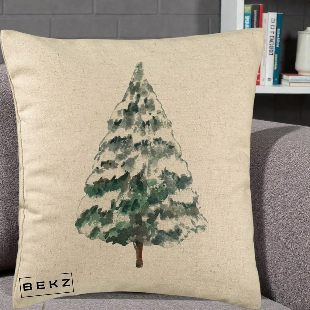 Perna Decorativa cu tematica de Craciun, Brad 2, 40x40 cm, Bej, Husa Detasabila, Perna Inclusa, BEKZ®