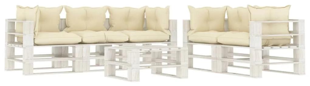 Set mobilier de gradina din paleti cu perne crem, 6 piese, lemn cream and white, 1