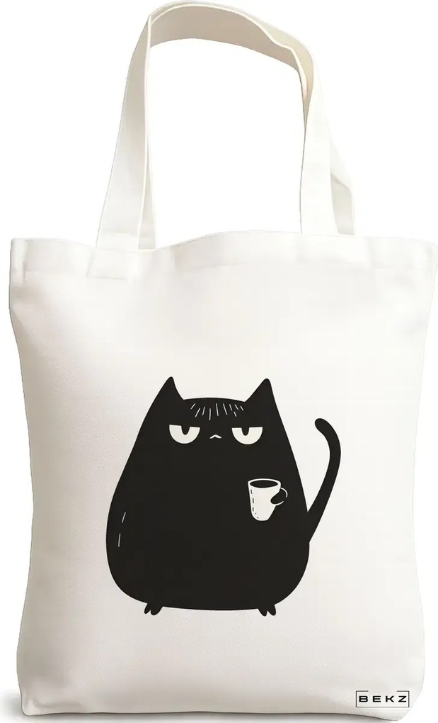 Sacosa de Panza pentru Cumparaturi, Geanta Tote, model Caffeine Cat 29 38 x 34.5 cm, Alba, BEKZ®