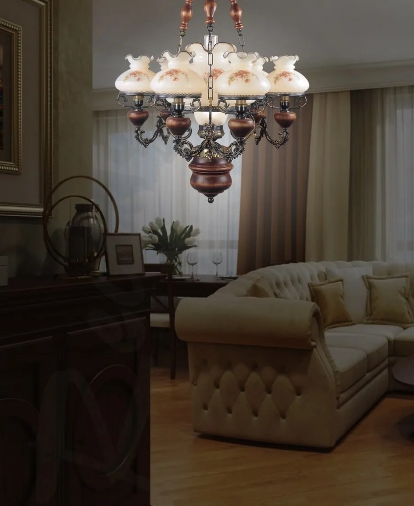 Candelabru cu 6 brate design italian din alama cu lemn 636