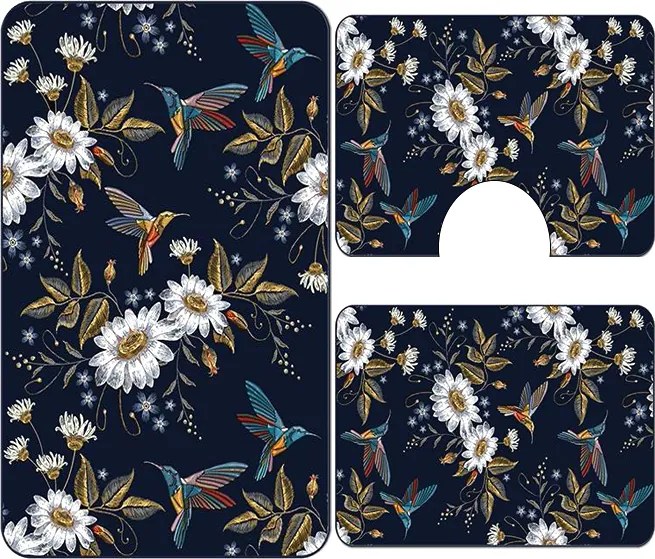 Set covoare baie antiderapante, 3 piese, model flori si colibri decorativi