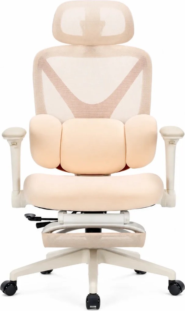 DeluxStar YX-977 NEXOR PRO FOAM SEAT – Scaun Ergonomic cu Suport Lombar 3D, Tetieră 3D, Cotiere 4D, Șezut Glisant, Înclinare 140°, Suport pentru Picioare, Bej