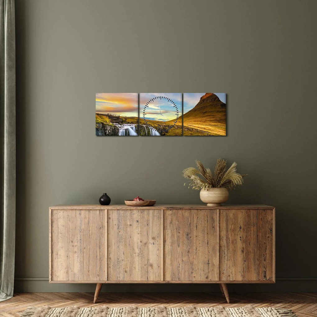 Tablou cu munții și cascade pe Islanda (cu ceas) (90x30 cm)