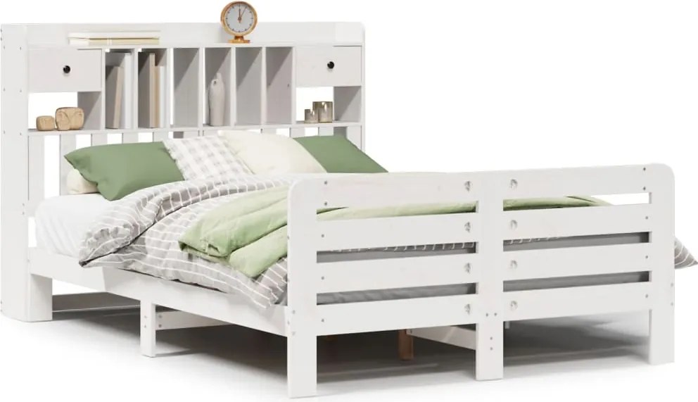 vidaXL Pat cu bibliotecă fără saltea, alb, 140x200 cm, lemn masiv pin