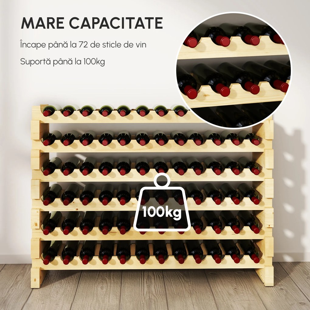 HOMCOM Raft pentru Sticle din Lemn de Brad cu 6 Rafturi pentru 72 de Sticle, 114x28x85 cm, Lemn Natural | Aosom Romania