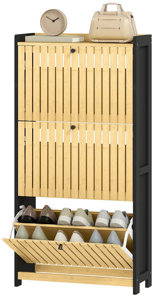 HOMCOM Mobila pentru pantofi 18 perechi cu 3 sertare rabatabile, uși din bambus cu lamele, 60x24x118cm, negru și lemn natural | Aosom Romania