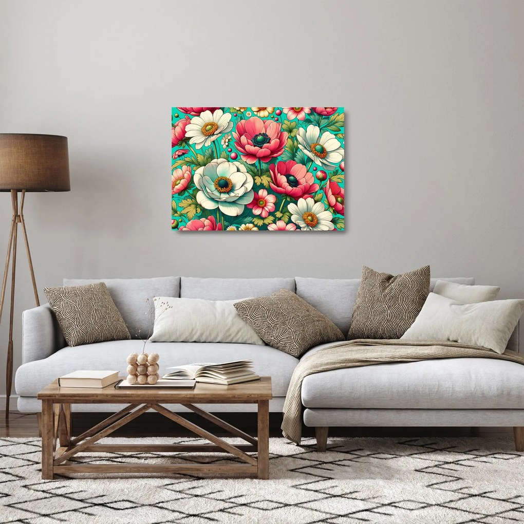 Tablou pe sticlă - Flori pe fundal albastru (70x50 cm)