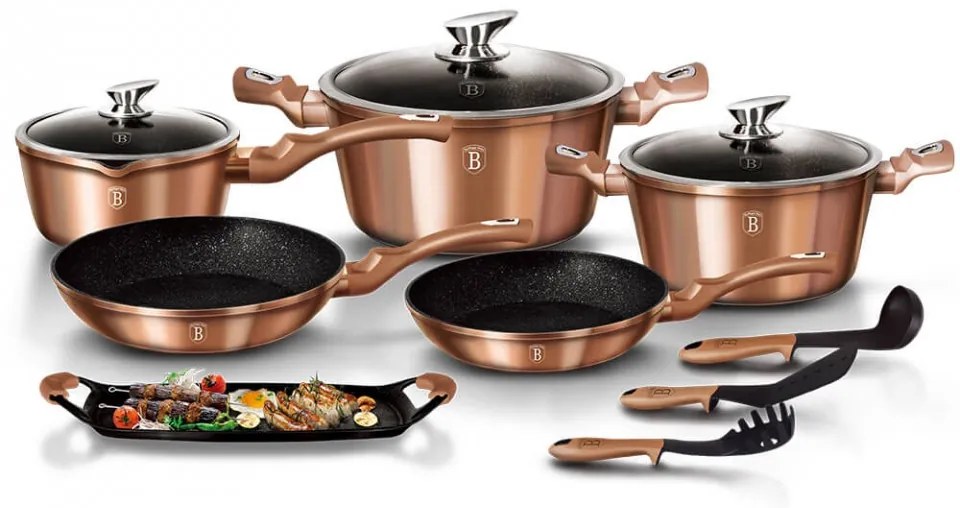 Set oale si tigai marmorate (12 piese) din aluminiu forjat Rose Gold (Cupru) Metalic Line Berlinger Haus BH 1696