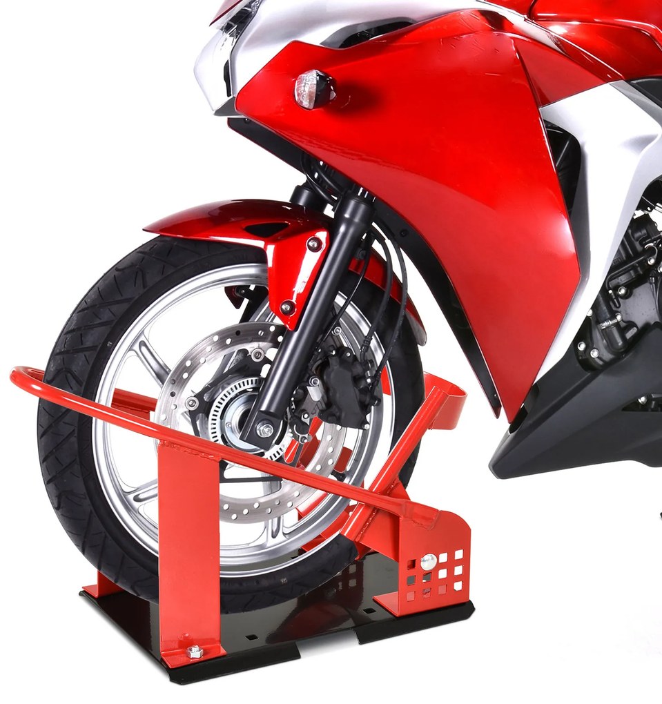 HOMCOM Suport Frontal Metalic pentru Motociclete, Capacitate 450 kg, cu Secțiuni Pre-găurite, 27.5x51-69x34 cm, Negru | Aosom Romania