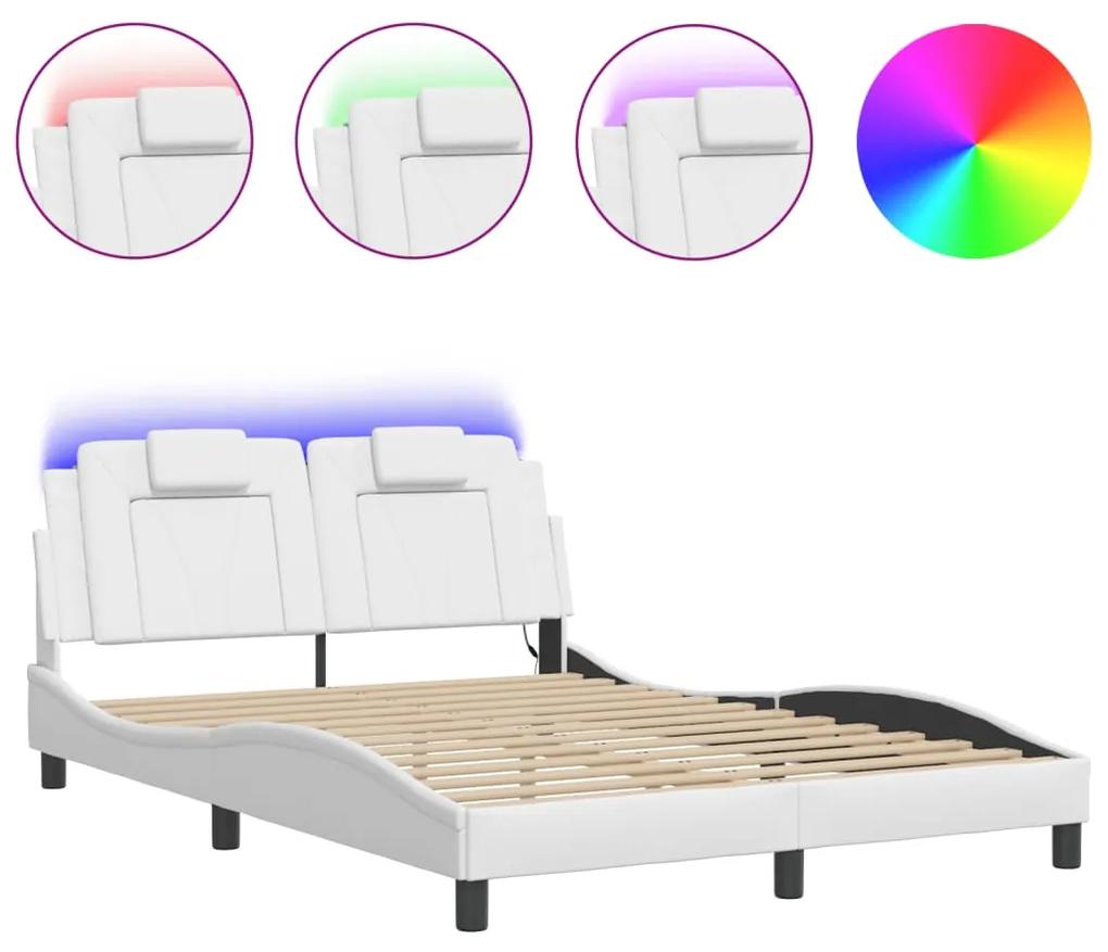 3214016 vidaXL Cadru de pat cu lumini LED, alb, 140x190 cm, piele ecologică