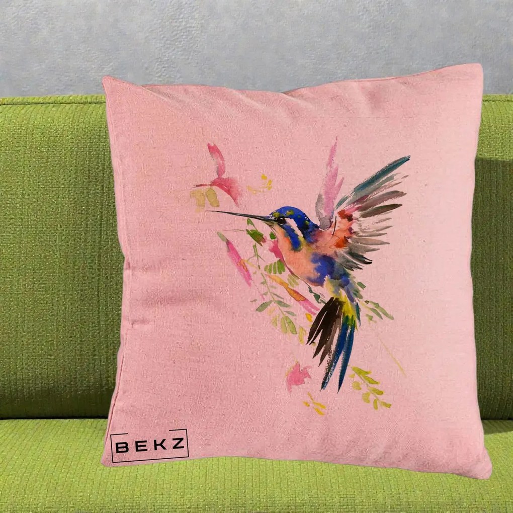 Perna Decorativa Colibri Acuarela, 40x40 cm, Roz, Husa Detasabila, Perna Inclusa, BEKZ®