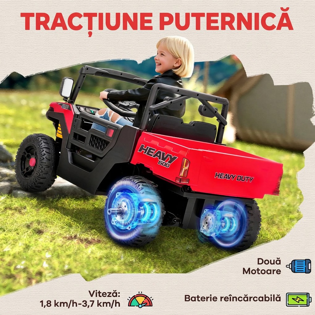 AIYAPLAY Mașină Electrică pentru Copii UTV 12V Off-road cu Portbagaj, 2 Motoare, Centură în 3 Puncte, Telecomandă, Suspensii, USB, Muzică, Lumini, 1.8-3.7 km/h, 3-8 Ani, Roșu | Aosom Romania