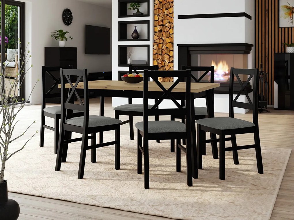 Masă cu 6 scaune AL43 Amici (stejar artisan + negru + gri). 1070526