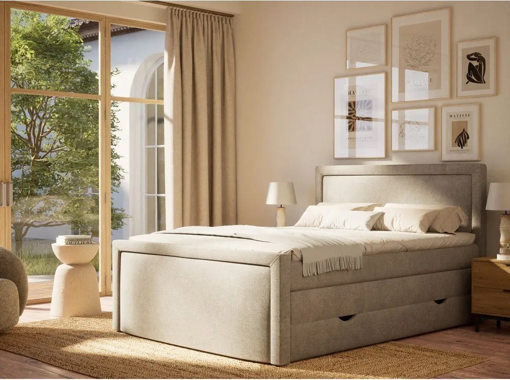 Pat boxspring grej cu spațiu de depozitare 200x200 cm Fresco – Maison de Rêve